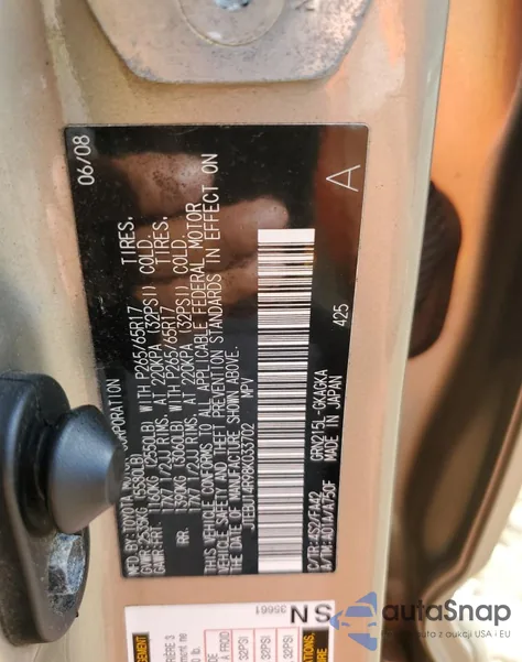 2008 Toyota 4Runner Sr5 z USA, uszkodzony, nr VIN JTEBU14R98K033702